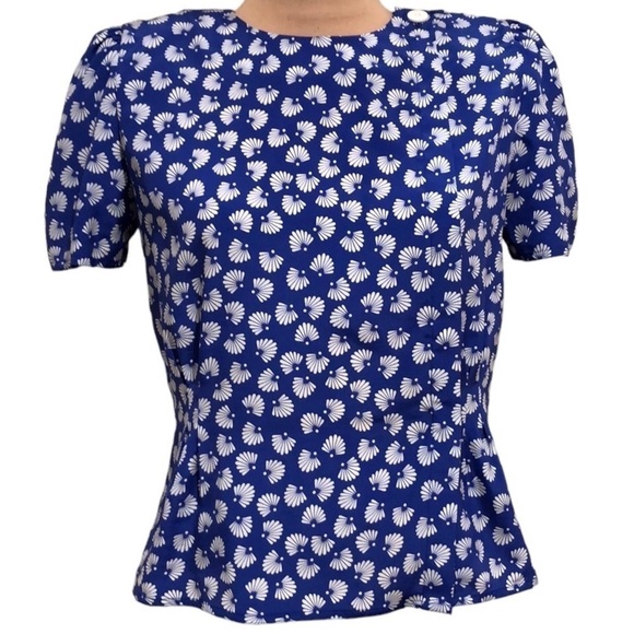 Vintage Blouse Size 6 Blue Fan Print Puff Sleeve - Picture 1 of 10
